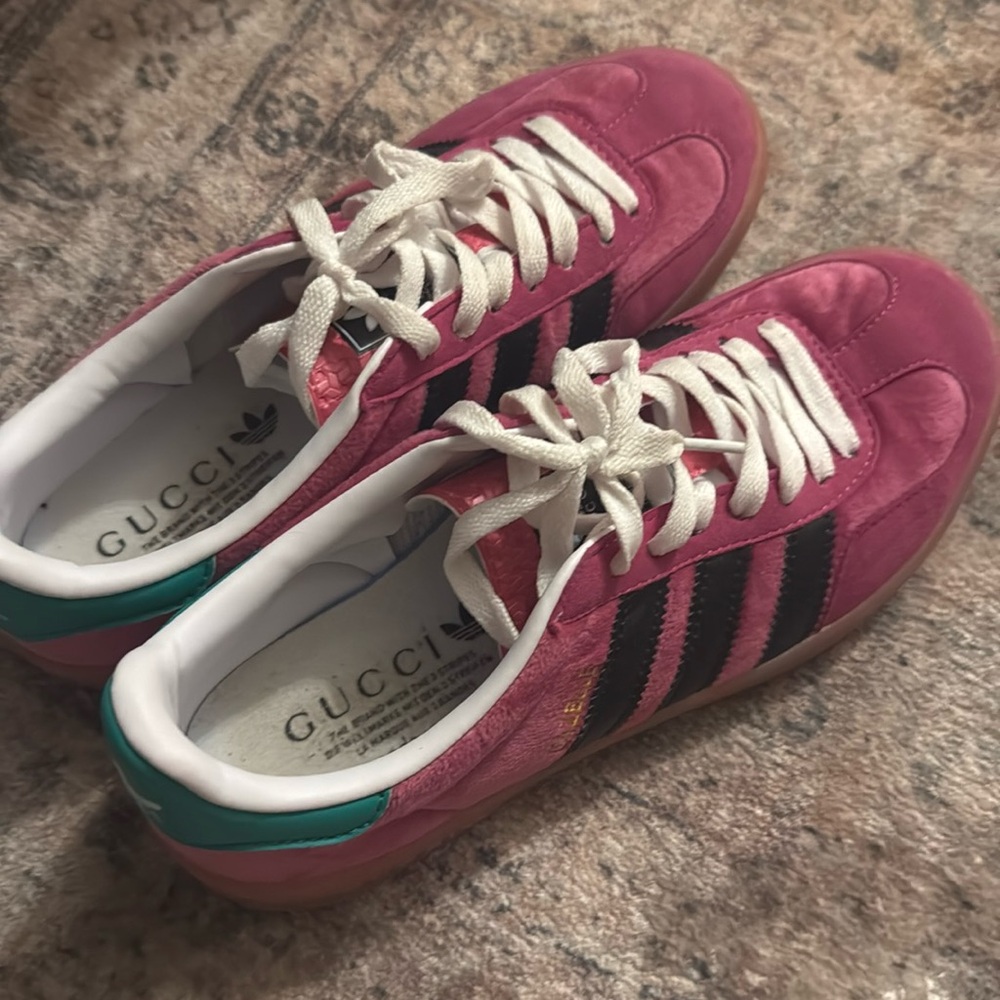 adidas Pink Suede Sneakers with Black Stripes and Teal Heel Accent